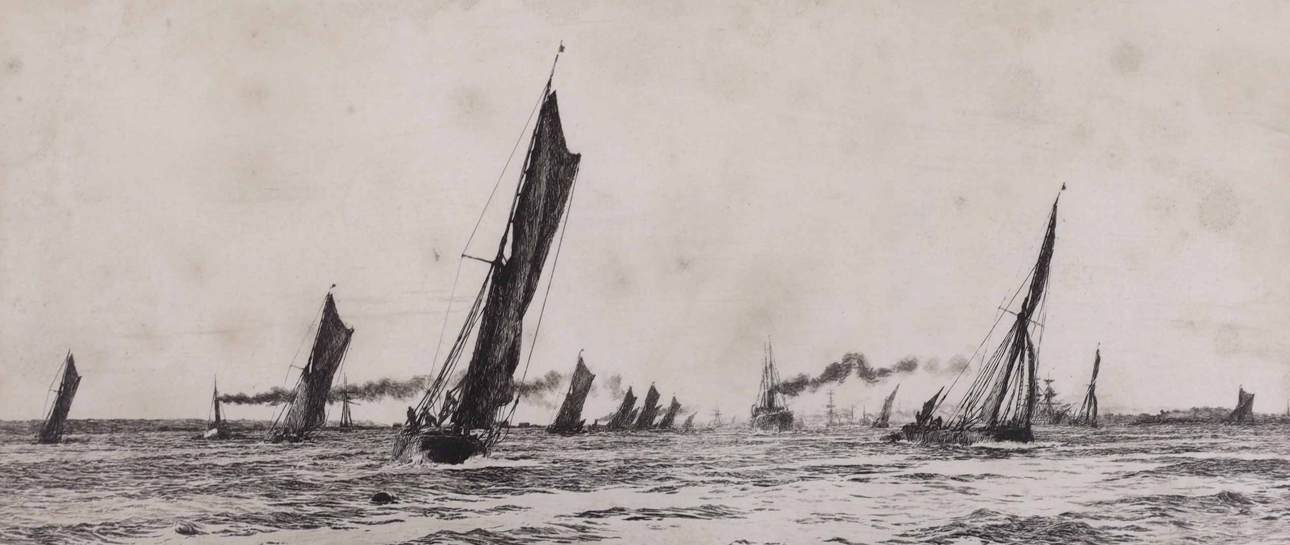 William Lionel Wyllie RA (1851-1931), etching, ‘A Fair Wind and an Ebb Tide’, signed in pencil, inscribed gallery label verso, 16 x 34cm